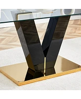 Large Modern Minimalist Rectangular Glass Dining Table for 6-8 with 0.4" Tempered Glass Tabletop and Mdf slab V-Shaped Bracket and metal base, Fo