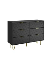 Streamdale Furniture Modern black 6 Drawers for Bedroom, Small Size Modern 6 Drawer Dresser, Wide Chest of Drawers with Gold Handles, Wood Double Dres