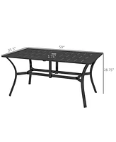 Rectangle Outdoor Dining Table for 6 People, Steel Rectangular Patio Table with Umbrella Hole, Steel Frame for Garden, Balcony, Black