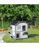 2-story Cat House Outdoor, Weatherproof Wooden Cat Enclosure for Feral Cats with Escape Door, Openable Roof, Jumping Platforms, White