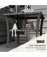 Rattan Side Table, Outdoor End Table with Storage Shelf, Aluminum Frame Square, Coffee Table with Tempered Glass Top, Mixed Gray
