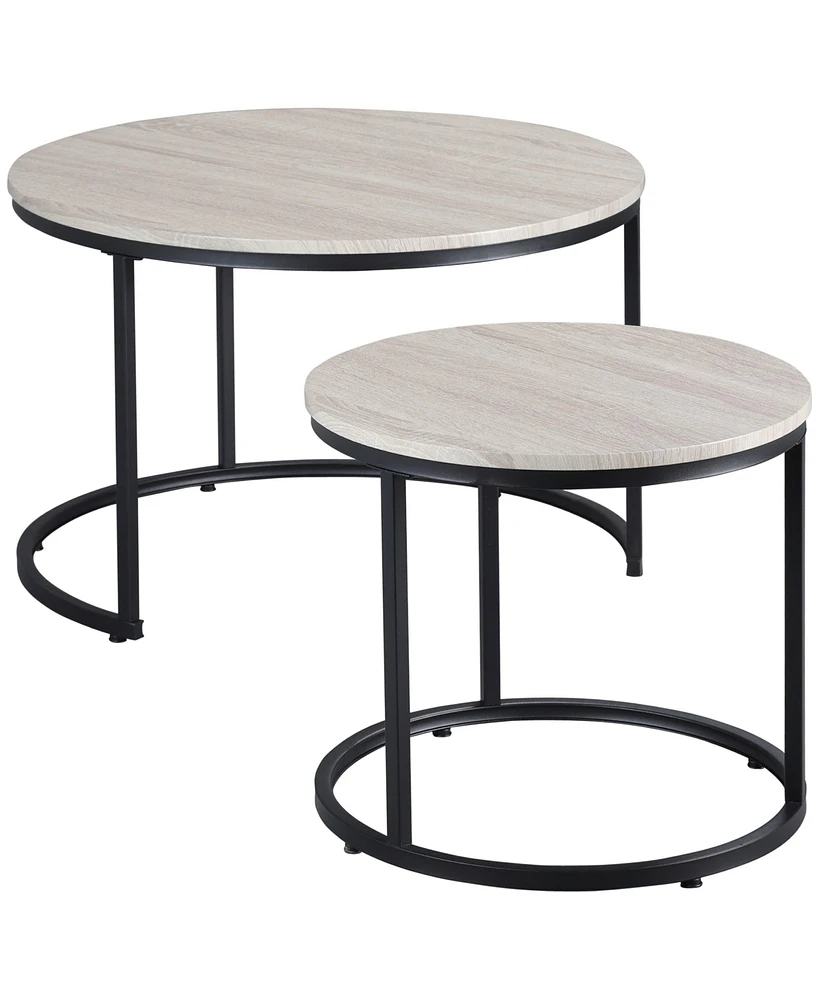 Simplie Fun Round Nesting Tables Set of 2, Stacking Coffee Table Set with Metal Frame for Living Room, Grey