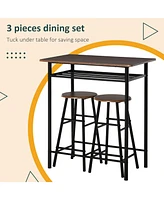 3 Piece Counter Height Bar Table and Chairs Set, Space Saving Dining Table with 2 Matching Stools, Storage Shelf Metal Frame Footrest, Black, Brown
