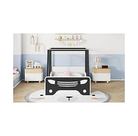 Slickblue Twin Car-shaped Bed with Roof,Wooden Floor wheels and door Design,Montessori Inspired Bedroom