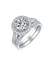 Bling Jewelry Art Deco Style 3CT Round Cz Halo Pave Band Ring Set For Women .925 Sterling Silver