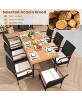 Costway 9 Pcs Patio Dining Set with Acacia Wood Tabletop 1.9" Umbrella Hole Outdoor