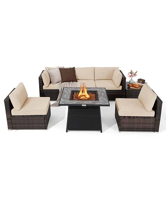 Costway 7 Pcs Patio Furniture Set with 35" Propane Gas Fire Pit Table & Waterproof Cover