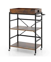 Costway 3-Tier Bar Cart with Detachable Tray 4 Lockable Casters & 1 Handy Handle