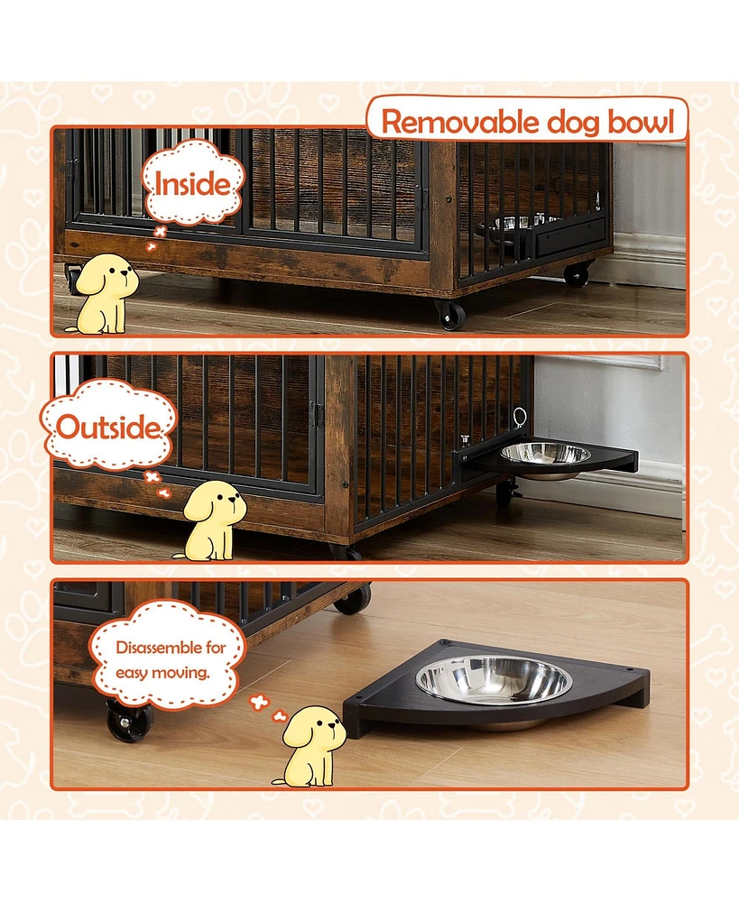 Slickblue Furniture-Style Dog Crate Side Table with Rotatable Feeding Bowl for Functional Pet Living