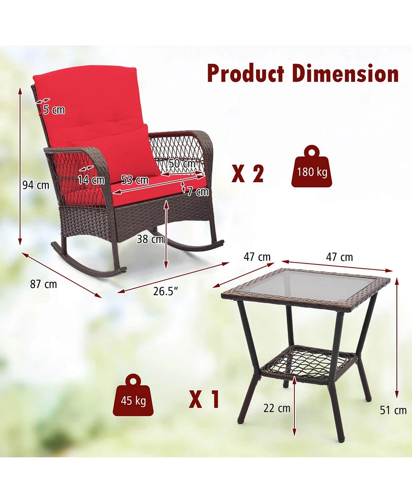 Costway 3 Pcs Patio Rocker Set Outdoor Wicker Rocking Chairs with Double-Layer Coffee Table