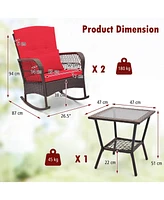 Costway 3 Pcs Patio Rocker Set Outdoor Wicker Rocking Chairs with Double-Layer Coffee Table