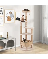 Costway 65" Cattail Cat Tower with Jute Scratching Posts Perch Basket Bed Dangling Balls