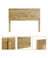 LuxenHome Oak Finish Manufactured Wood with Natural Rattan Top Headboard