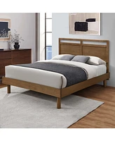 LuxenHome Farmhouse Double Panel Wood Headboard and Frame Platform Bed Set