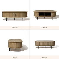 LuxenHome Mid-Century Modern Coffee Table with Storage and Slatted Sliding Doors Oval Center Table