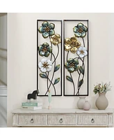 LuxenHome Set of 2 Metal Green, White, and Gold Wild Flowers Wall Decor