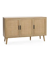 LuxenHome 47.2" Wide 3-Door Rattan Light Oak Finish Wood Sideboard Cabinet