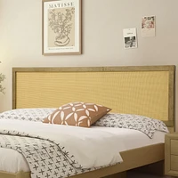 LuxenHome Natural Finish Rubberwood with Rattan Panel Headboard, Queen