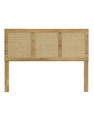 LuxenHome Oak Finish Manufactured Wood with Natural Rattan Panels Headboard, Queen