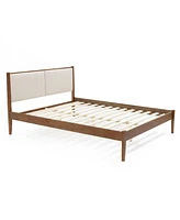 LuxenHome Modern Beige Upholstered Headboard and Wood Frame Platform Bed Set, Queen