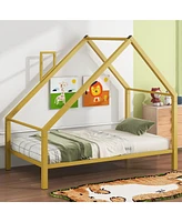 Slickblue Twin Size Metal House Platform Bed with Roof and Chimney for Unique Kids' Bedroom Design