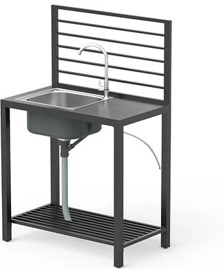 Outdoor Kitchen Island with Storage, Aluminum Kitchen Storage Island Stainless Steel Outdoor Sink w/Faucet & Drainboard, Freestanding Storage Shelves
