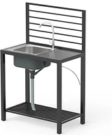 Outdoor Kitchen Island with Storage, Aluminum Kitchen Storage Island Stainless Steel Outdoor Sink w/Faucet & Drainboard, Freestanding Storage Shelves