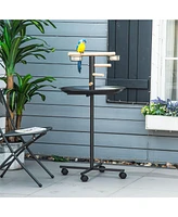 Bird Play Stand, Portable Parrot Perch, Bird Feeder Station, with Four Wheels, Stainless Steel Feeding Bowls, Round Tray, Grey