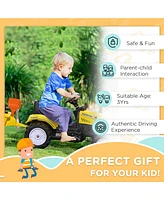 Kids Ride on Farm Tractor, Manual Pedal Ride on Car with Back Storage Trailer, Shovel & Rake, Horn for Age 3 Years Old, Yellow