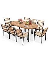 Costway 9 Pieces Outdoor Dining Set with Acacia Wood Top & Umbrella Hole Metal Frame