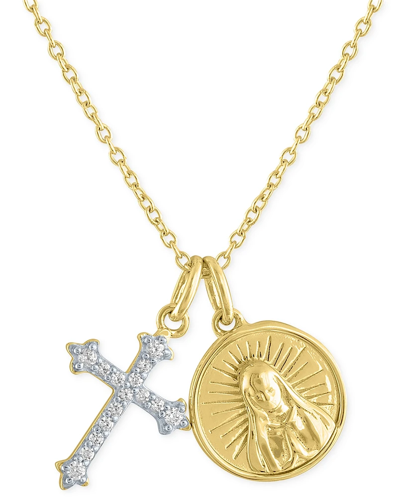 Diamond Cross & Saint Medallion 18" Pendant Necklace (1/10 ct. t.w.) in 14k Gold-Plated Sterling Silver