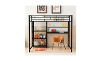 Slickblue Full Size Loft Bed with Desk and Whiteboard, Metal Loft Bed with 3 Shelves and Ladder, Black