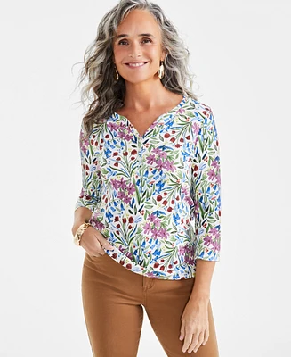 Style & Co Women's Printed 3/4-Sleeve Henley Top, Created for Macy's