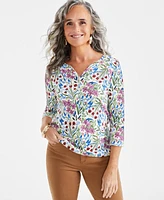 Style & Co Women's Printed 3/4-Sleeve Henley Top, Created for Macy's