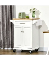 Kitchen Island with Drop Leaf Trolley Cart on Wheels Drawer Cabinet Towel Racks Versatile Use Natural Wood Top and White