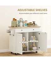 Kitchen Island with Storage, Farmhouse Rolling Kitchen Island Cart on Wheels with Drawer, 2 Cabinets, Rubberwood Top, Spice Rack, Towel Racks and 2 Ho