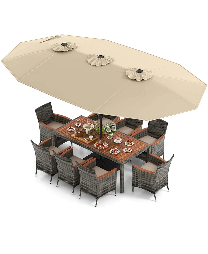 Costway 10 Pieces Patio Wicker Dining Set with Double-Sided Umbrella 8 Armchairs