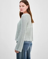 Hooked Up by Iot Juniors' Long-Sleeve Pointelle Sweater