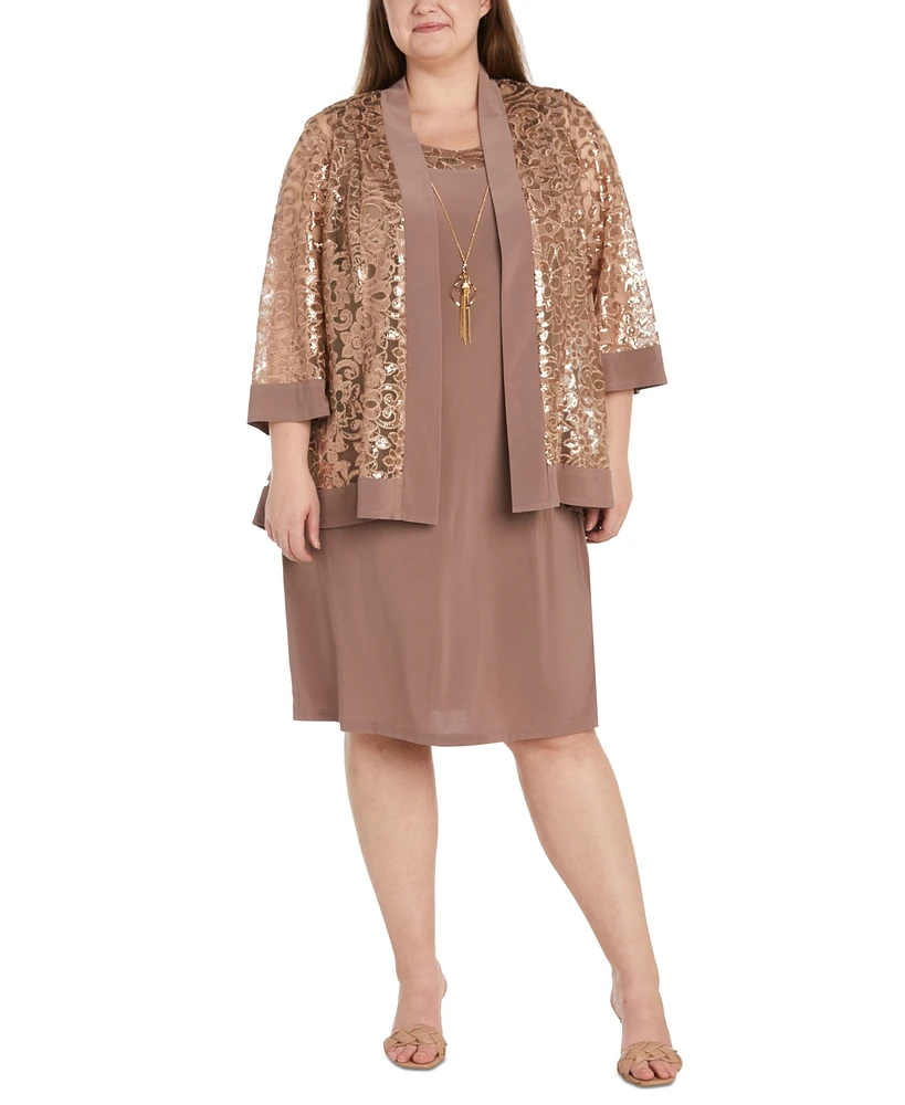 R & M Richards Plus 2-Pc. Sequined Jacket Necklace Dress Set