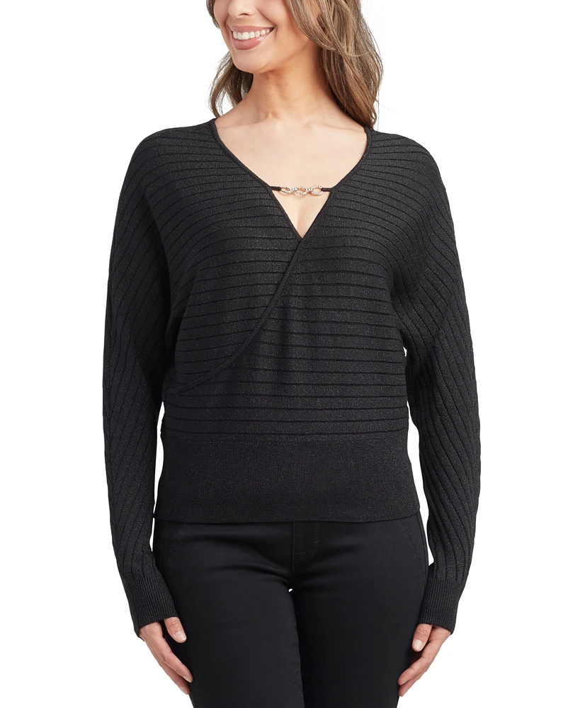 Bcx Juniors' Shimmering Embellished-Neck Dolman-Sleeve Sweater