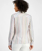 Nautica Jeans Women's Cotton Dobby-Striped Roll-Tab Shirt