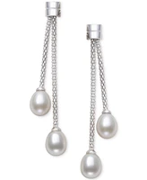 Belle de Mer Cultured Freshwater Pearl (7-8mm) Chain Drop Earrings in Sterling Silver