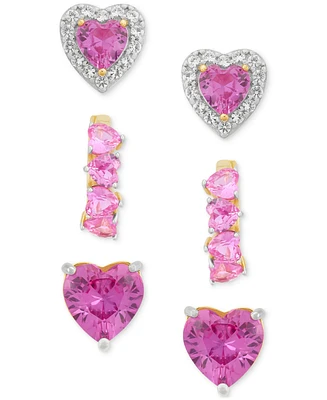 3-Pc. Set Lab Created Pink Sapphire (6 ct. t.w.) & Lab Created White Sapphire (1/2 ct. t.w.) Heart Stud & Small Hoop Earrings 14k Gold-Plated Sterling