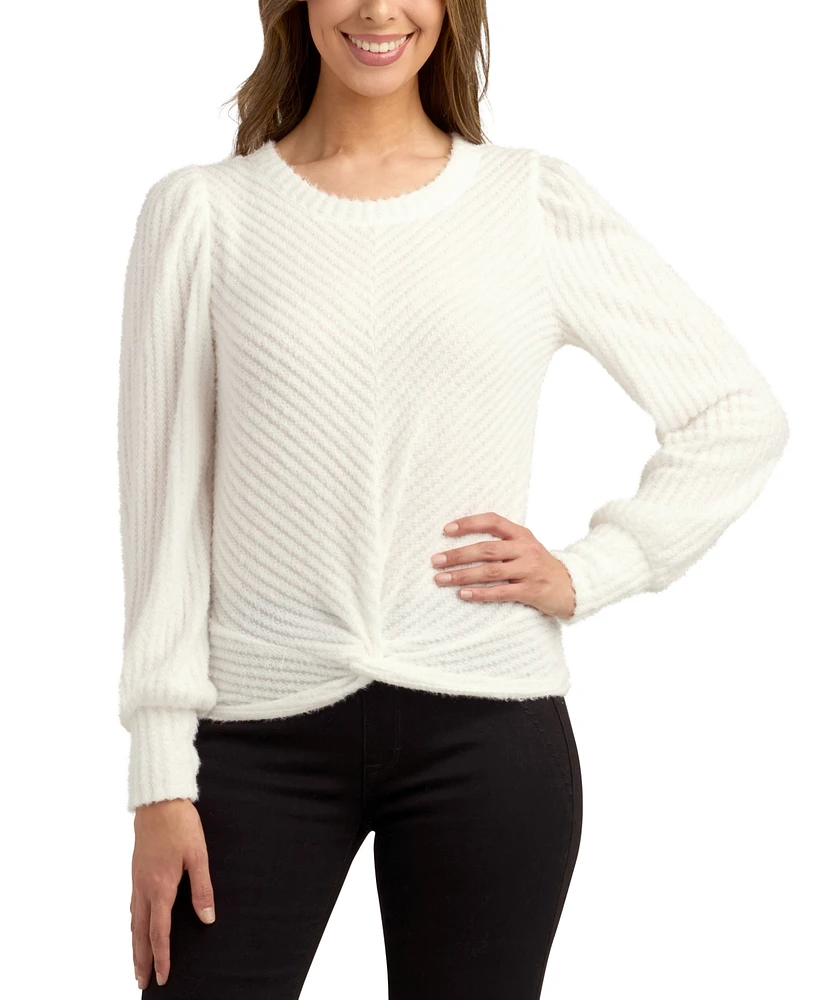 Bcx Juniors' Ribbed Twist-Front Puff-Sleeve Crewneck Sweater