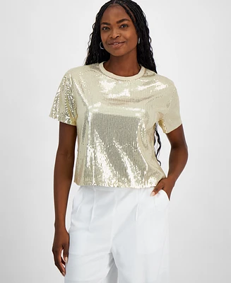 Bar Iii Women's Sequin Short-Sleeve Crewneck Top, Created for Macy's