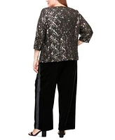 Alex Evenings Plus Size Sequined Layered Look Top Velvet Side Stripe Straight Leg Pants