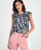 Tommy Hilfiger Women's Floral Pintuck Fluter-Sleeve Top