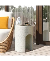 LuxenHome Outdoor Side Table,17'' Mod Ivory White Cement Round with U-Shape Patio Accent End Table