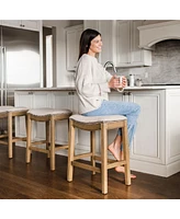 Maven Lane Adrien Saddle Counter Stool in Natural Wood Finish w/ Wheat Cream Fabric Upholstery