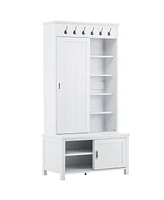 Slickblue Multifunctional Hall Tree with Sliding Doors - Wooden Shoe Cabinet with Storage Bench and Shelves